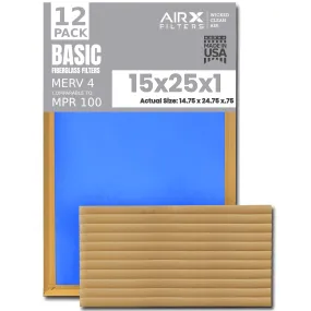 15x25x1 Air Filter Comparable to MPR 100 Basic Economy Furnace Filters, 12 Pack of Non Pleated Fiberglass Filter For Dust - Low Airflow Restriction! From AIRX FILTERS WICKED CLEAN AIR.