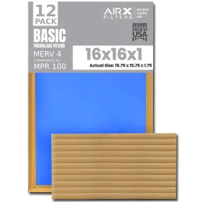 16x16x1 Air Filter Comparable to MPR 100 Basic Economy Furnace Filters, 12 Pack of Non Pleated Fiberglass Filter For Dust - Low Airflow Restriction! From AIRX FILTERS WICKED CLEAN AIR.