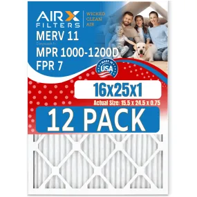 16x25x1 Air Filter MERV 11 Rating, 12 Pack of Furnace Filters Comparable to MPR 1000, MPR 1200 & FPR 7 - Made in USA by AIRX FILTERS WICKED CLEAN AIR.