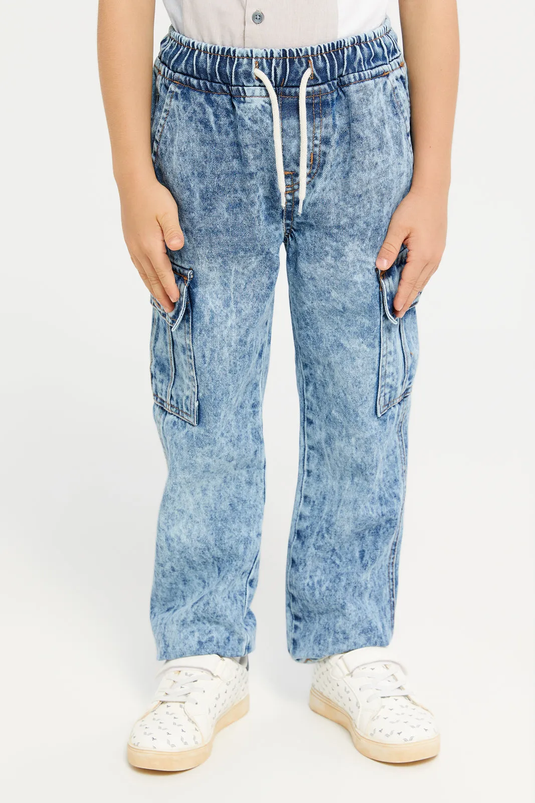 Boys Blue Straight Fit Cargo Pull On Jeans