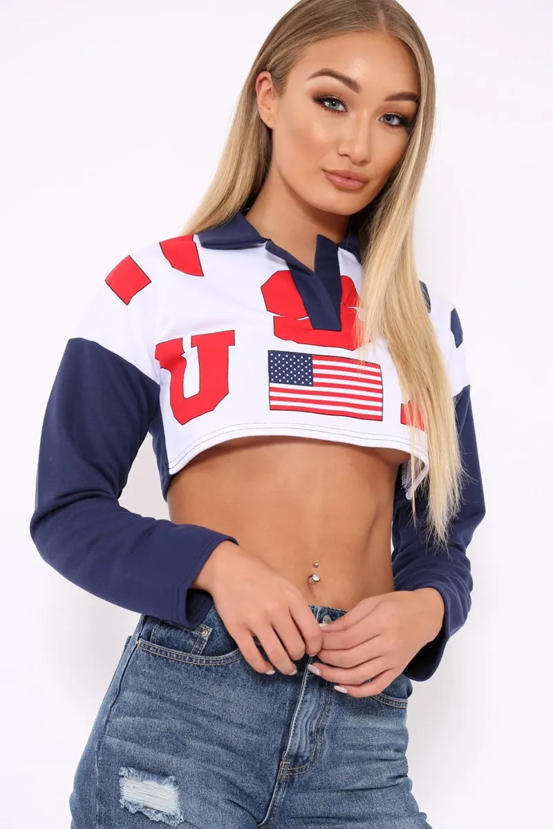 Navy Cropped USA Rugby Shirt - Devani