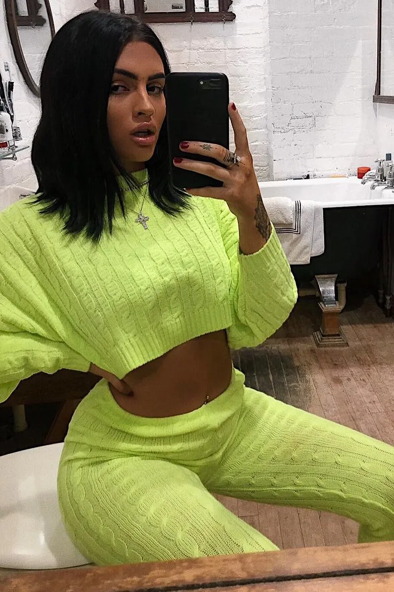 Neon Yellow Cable Knit Batwing Jumper Loungwear Set - Janea