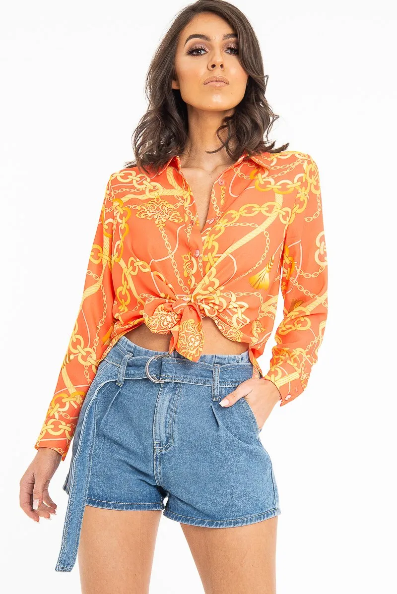 Orange Scarf and Chain Print Tie T-shirt - Murl