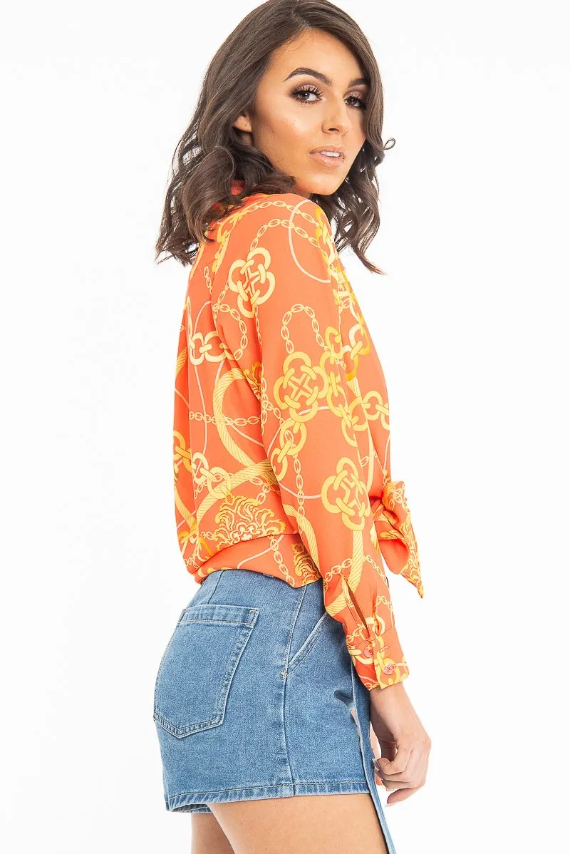 Orange Scarf and Chain Print Tie T-shirt - Murl