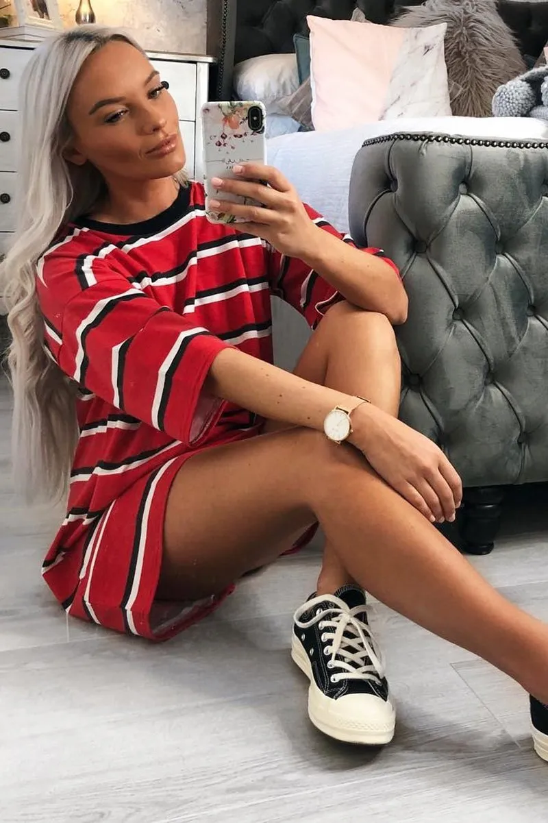 Red Black Stripe Oversized T-Shirt Dress - Rayelle