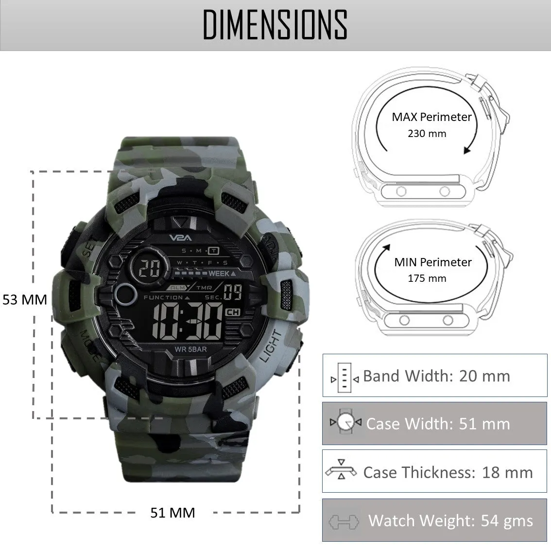 V2A Military Camouflage Digital Sports Watch with Backlight Alarm Stopwatch for Men and Boys (Black Dial and Multi Colored Strap)