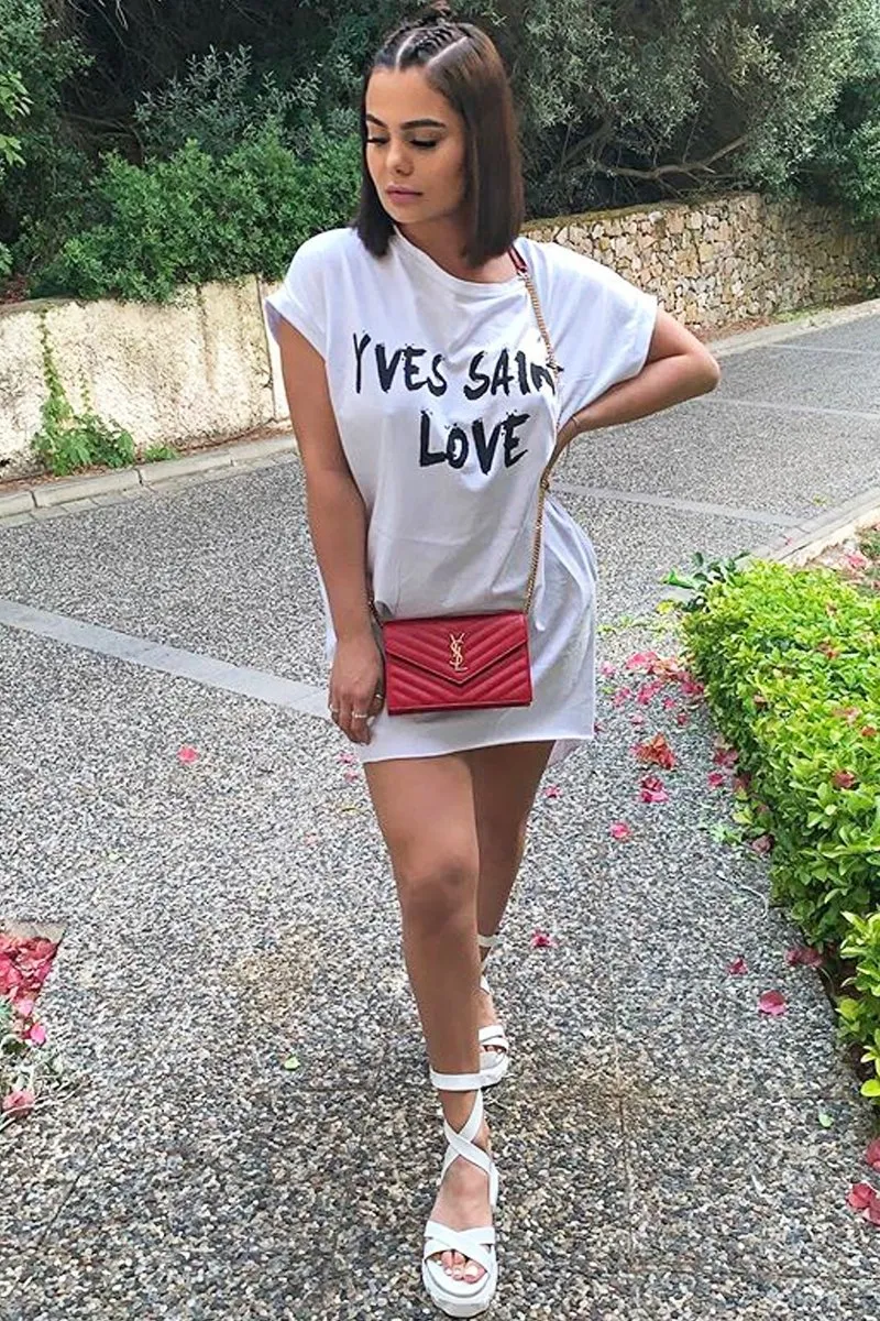 White Yves Saint Love Printed Slogan T-Shirt Dress - Jamey