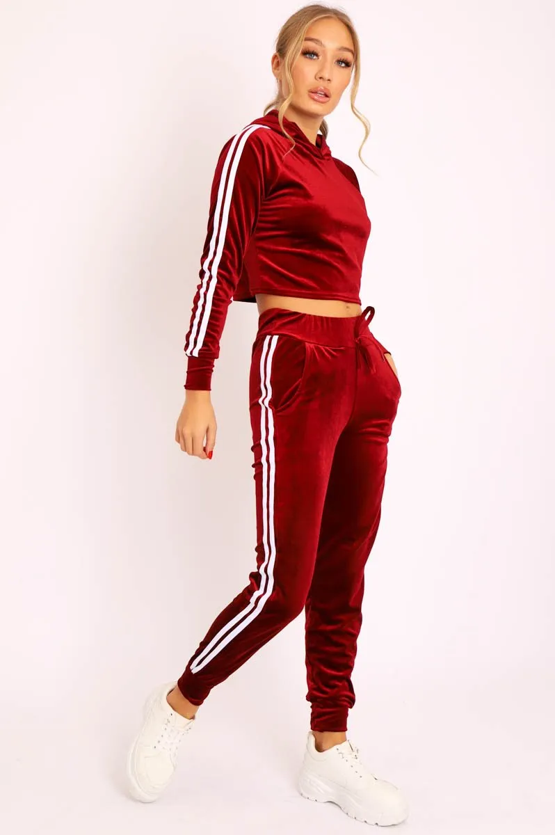 Wine White Stripes Velvet Hoodie and Joggers Co-ord - Matie