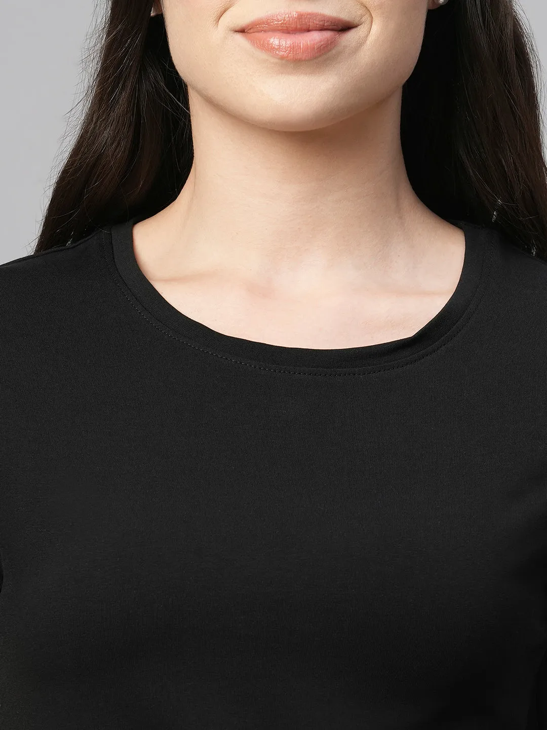 Women's Black Cotton Elastane Regular Fit Tshirt