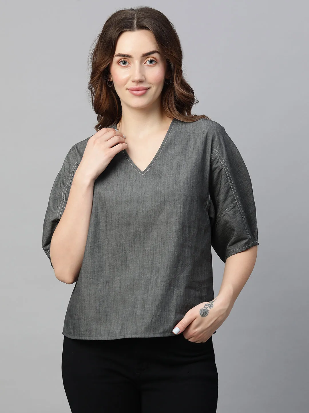 Women's Grey Cotton Regular Fit Blouse