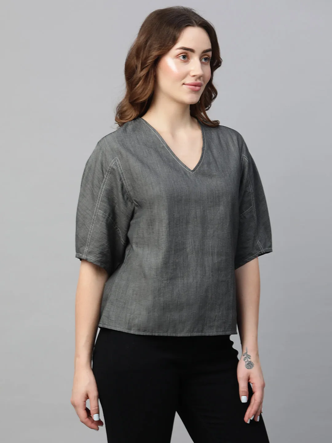 Women's Grey Cotton Regular Fit Blouse