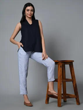 Women's Navy Linen Regular Fit Blouse