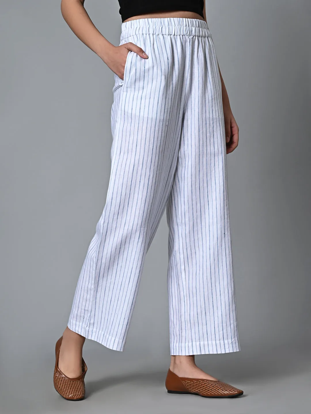 Women's White Linen Cotton Regular Fit Pant